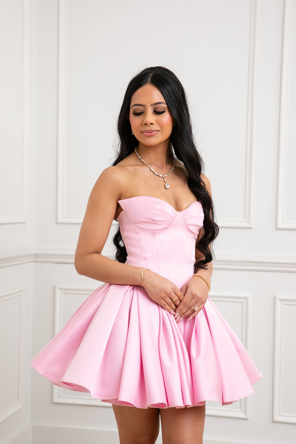 The Palais Dress by Brunell by Shar, luxury pink satin strapless mini dress with sweetheart neckline and full volume skirt.